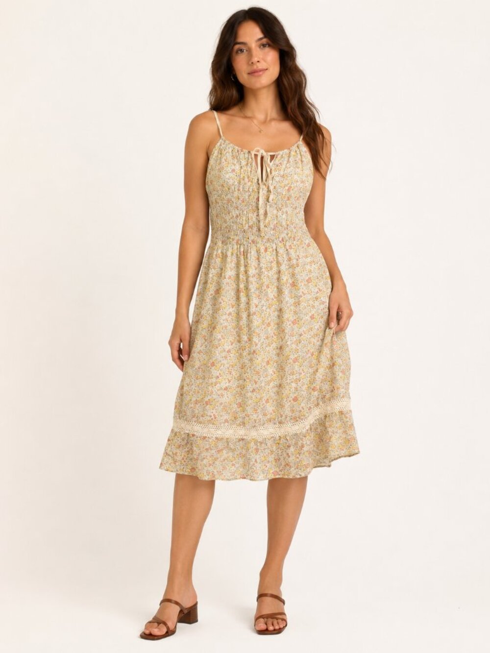 Fiori Di Zucca Women's Floral Milkmaid Tie Spaghetti Strap Silk Sun Dress Size 6